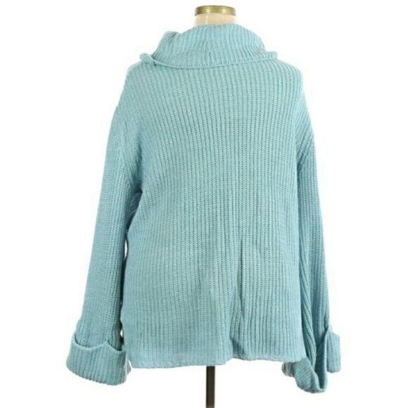 Lane Bryant Cable Knit Draped Cowl Cuffed Bell Sleeve Turquoise Sweater Sz 18/20 - Picture 7 of 13
